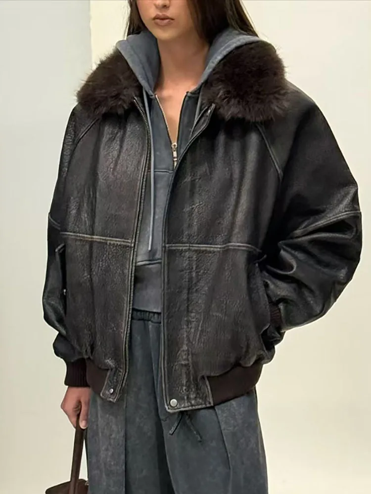 

Осенне-зимняя винтажная кожаная куртка-бомбер с эффектом потертости, с большим меховым воротником, цельная свободная модель для мужчин и женщин