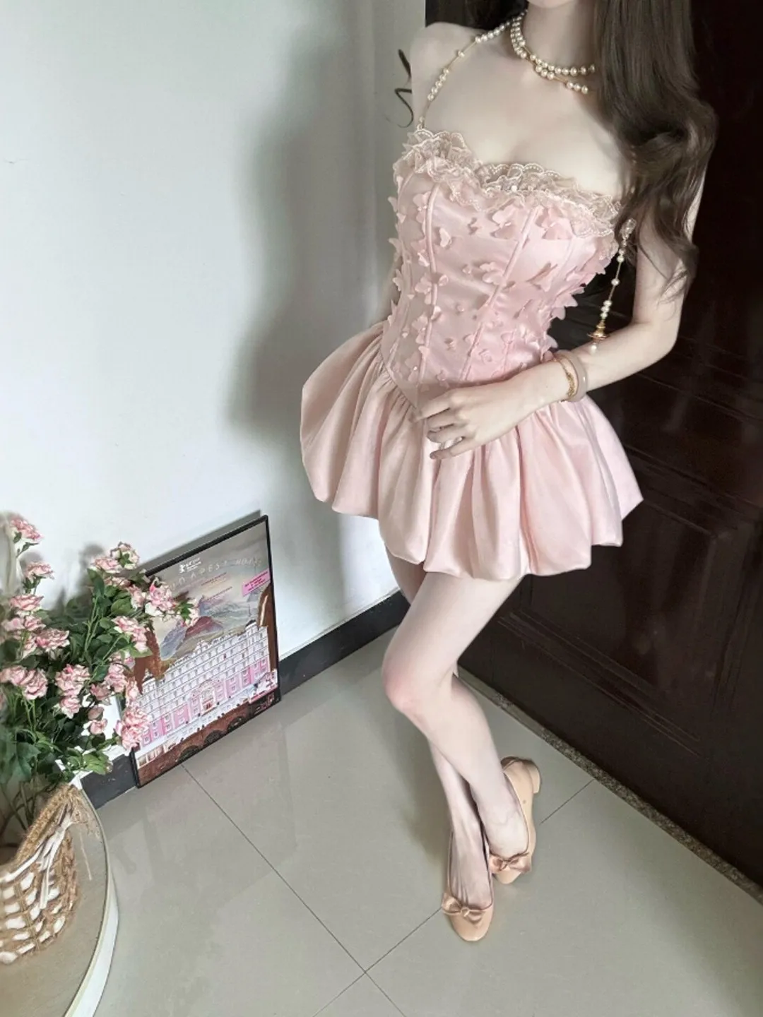 

Sweet Floral Print Puffy Short Skirt Dress French Style Backless Shoulder Bared Gathered Waist Cotton Blend Summer Dress