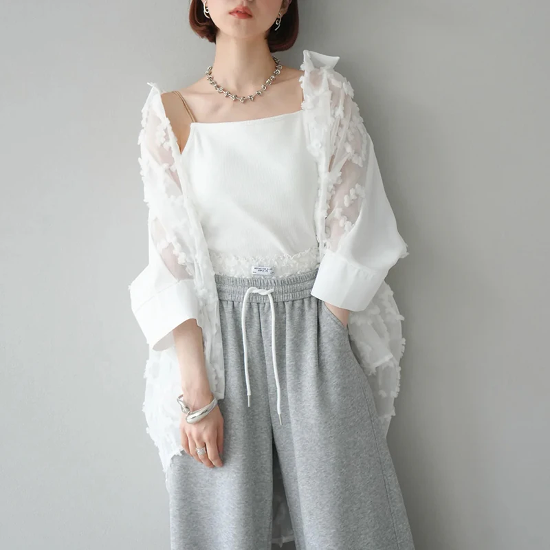 Embroidered Hollow Out Focking White Black Shirt Fashion Kimono Loose Casual Tops Blouse Women Outfits Half Sleeve Buttons Shirt