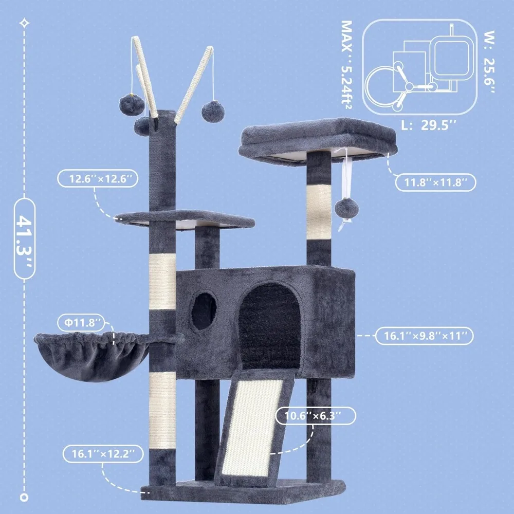 برج شجرة القطط مع أعمدة خدش، شقة مريحة، أرجوحة، وألعاب للقطط الداخلية، 41.3 بوصة، رمادي دخاني #2