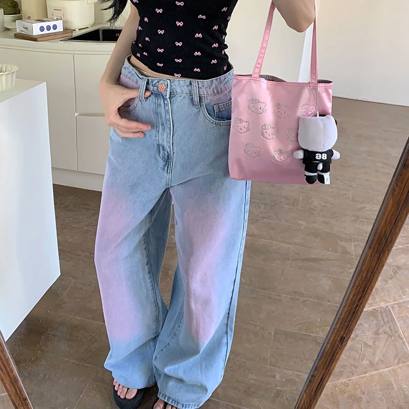 Women's Loose Jeans Y2K Washed Jeans Pink Gradient High Waist Wide Leg Pants Straight Leg Jeans 2024 Street