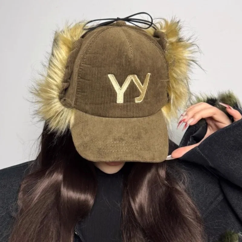 

2025 Winter Baseball Cap with Ear Covers Thick Plush YY Letters Detachable Bow Tie Korean Style Warm Hat for Women Girls