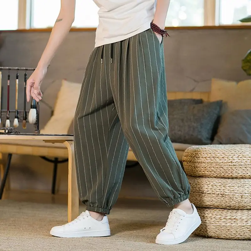 2024 Men Casual Harem Pants Fashion Loose Cotton Linen Wide Leg Pants Men  Plus Size Elastic Waist Pantalones Trousers  A003