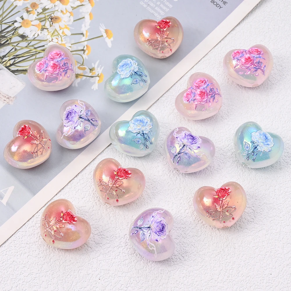 4Pcs Colorful Heart-Shaped Resin Beads With Rose Printed Beads For DIY Bracelets Necklaces Pacifier Chian Handmade Making