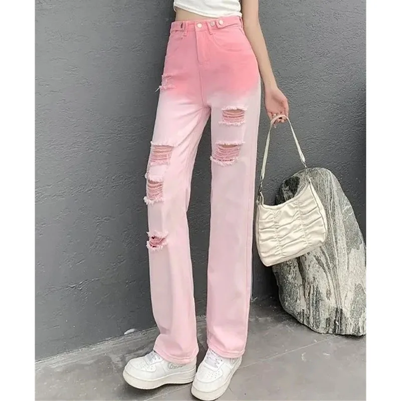 Korean Women Gradient Hole Jeans Spring Summer Ladies Leisure High Waist Denim Pants 2025 Female Loose Straight Cowboy Trousers