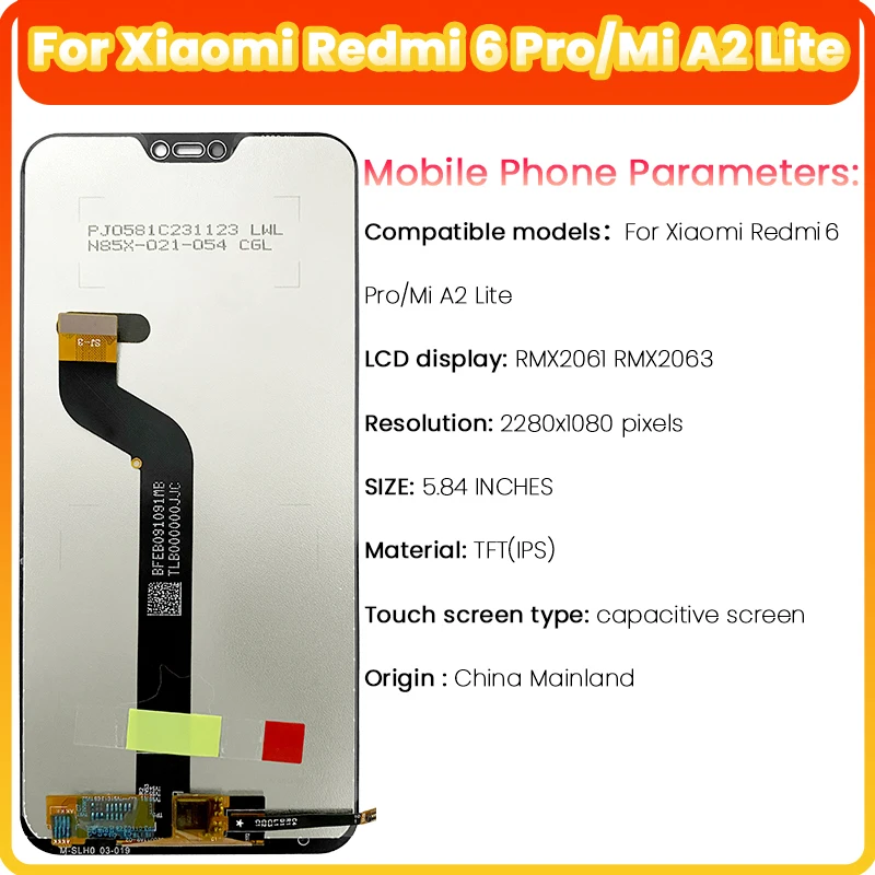 5.84 For Xiaomi Redmi 6 Pro /Mi A2 Lite mobile phone display LCD touch screen digitising RMX2061 RMX2063 replacement LCD display