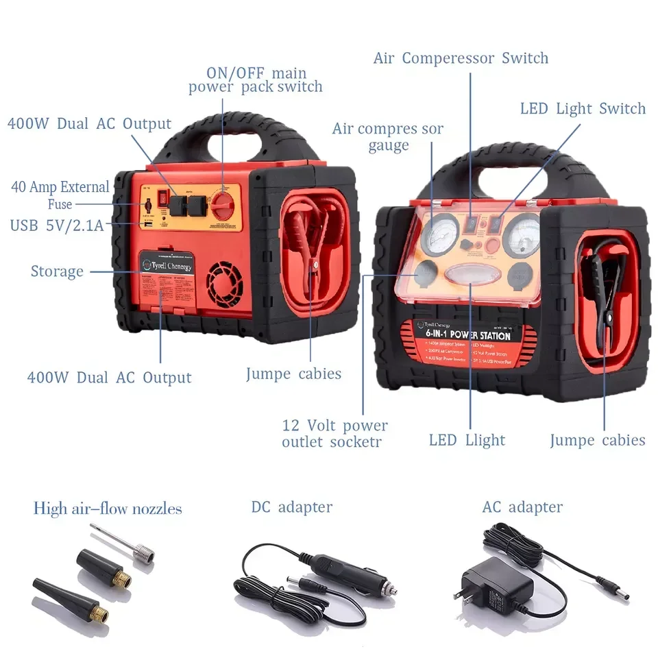 Multi-Function Car Jump Starter Power Bank with LED Light 1000A Peak Current & 11 Amps Charging Output for Trucks & Motorcycles