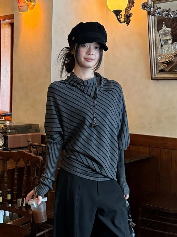 

Винтажный полосатый свитер в стиле стритвир для женщин, свободный крой, рукава «летучая мышь», вязаный джемпер в стиле хип-хоп, ретро-американский пуловер в стиле Харадзюку, асимметричный крой