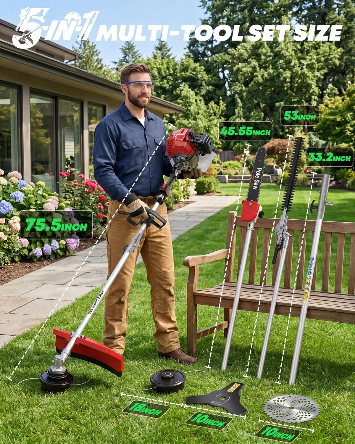 52CC Gas Powered Weed Eater & 5-in-1 Multi-Tool - Heavy Duty Brush Cutter, 18