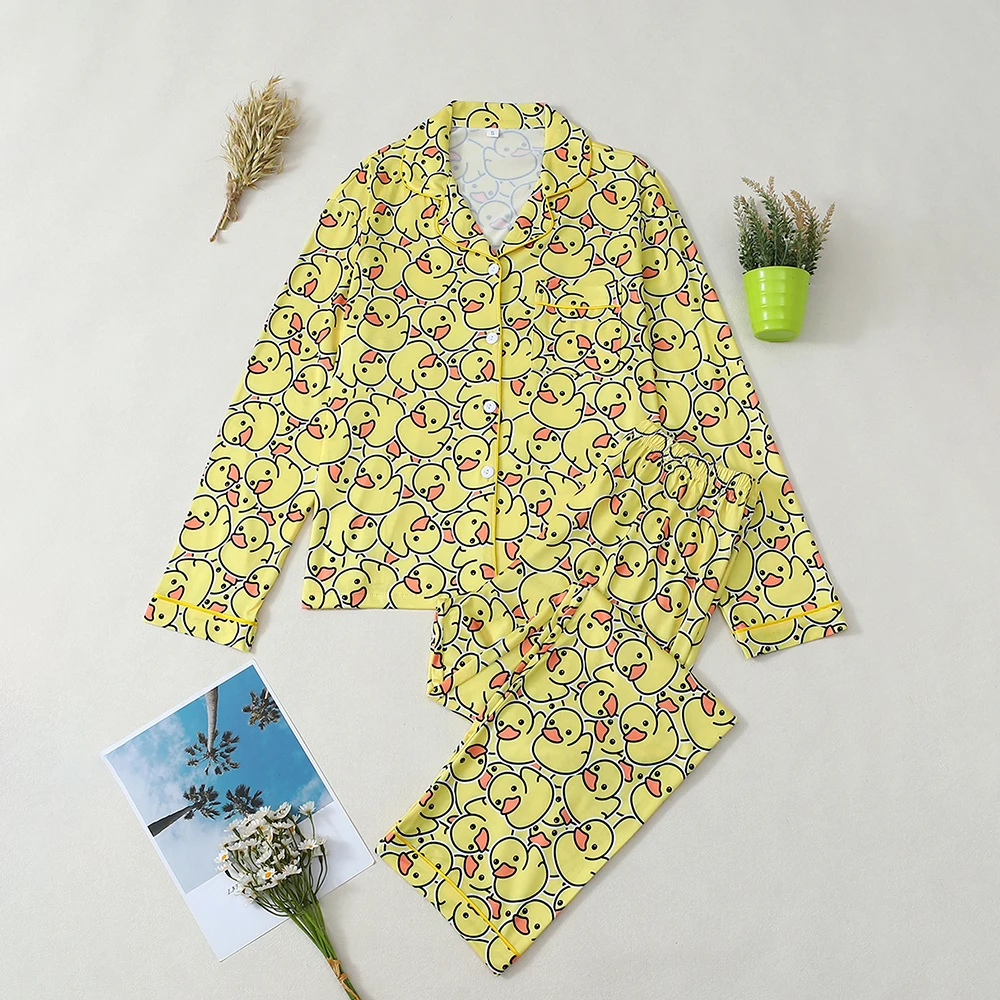 

2 шт., комплект одежды для сна с принтом желтой утки, женская повседневная домашняя одежда, милая осенняя ночная рубашка, брюки с длинными рукавами, повседневная одежда