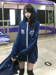 Japanese Casual Cartoon Print Hooded Hoodies Grunge Zipper Navy Blue Sweatshirts Y2k Aesthetic Loose Vintage Coats Sudaderas