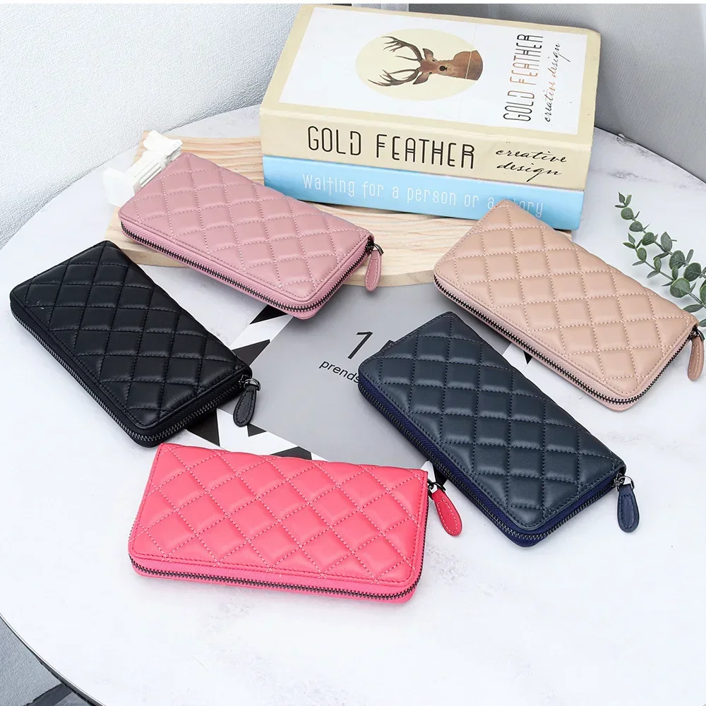 Leather purse Women's long large capacity fashion sheepskin embroidered diamond check zipper wallet mobile phone bag