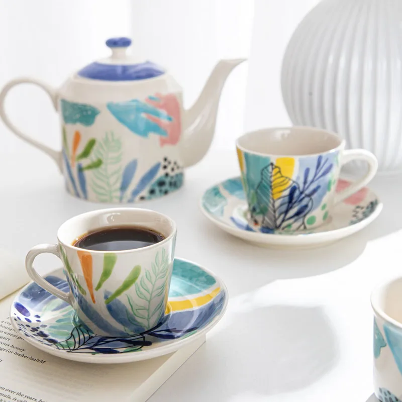 Nordic Hand-painted Underglaze Ceramic Coffee Cup Plate Tableware Kitchen Dining Table Hotel Dessert Plate Milk Cup Decoration