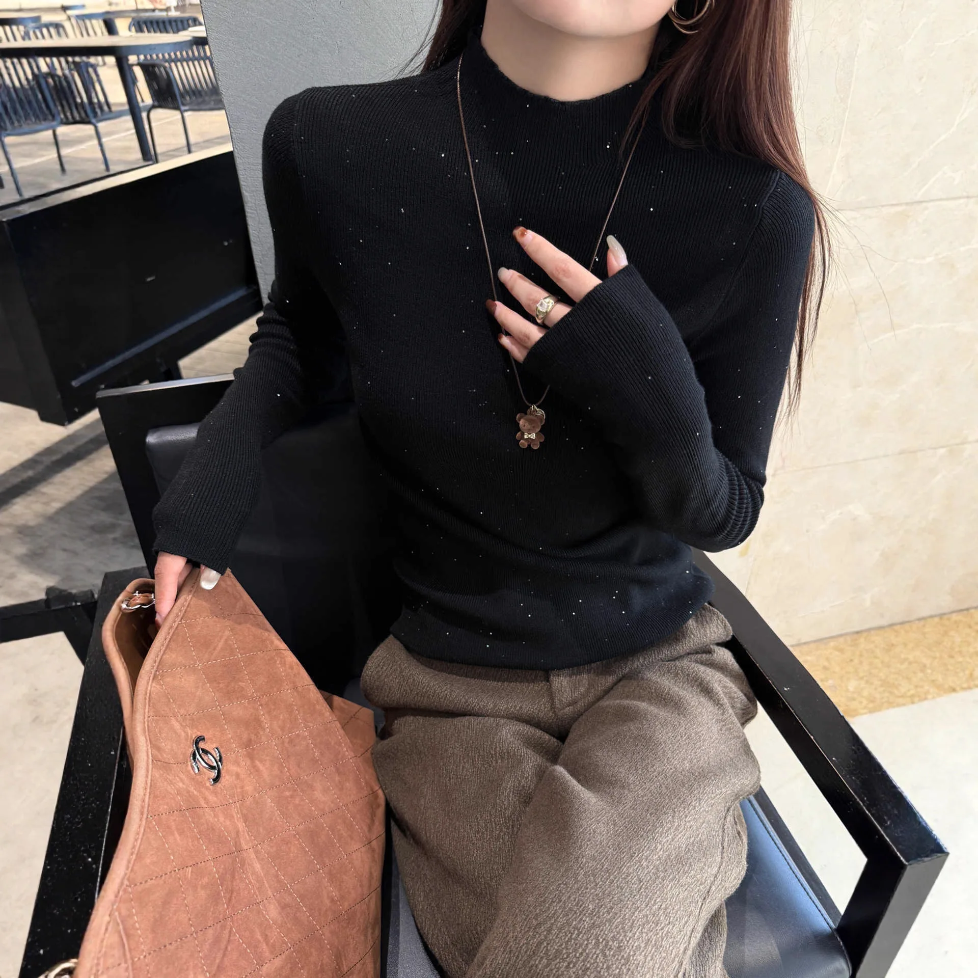 Chemise tricotée à col mi-haut marron Caramel, vêtements d'intérieur pour femmes, nouveau Style, pull au toucher Premium, début d'automne 2025