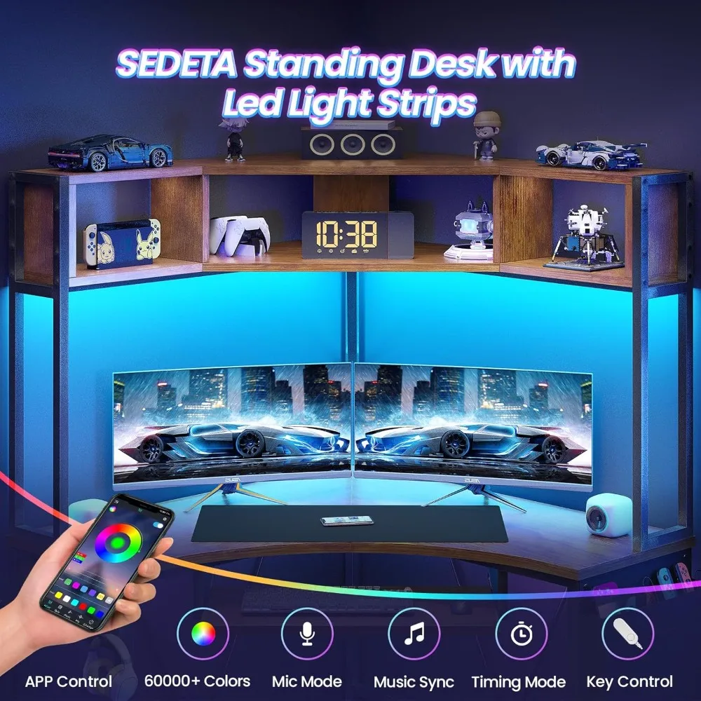 Corner desk, small computer desk with LED lights, triangular corner computer desk with keyboard tray, storage bag