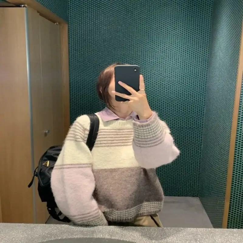 

Women's 2025 New Fall winter Cream Color Block Retro Stripes Loose Round Neck Knit Sweater Cozy Casual Pullover Top thicken tops