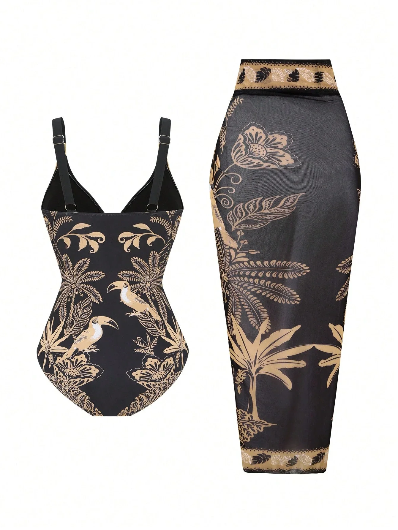Women 2 Piece Swimsuit Set With Mesh Maxi Skirt Tropical Print Beach Resort Swimwear