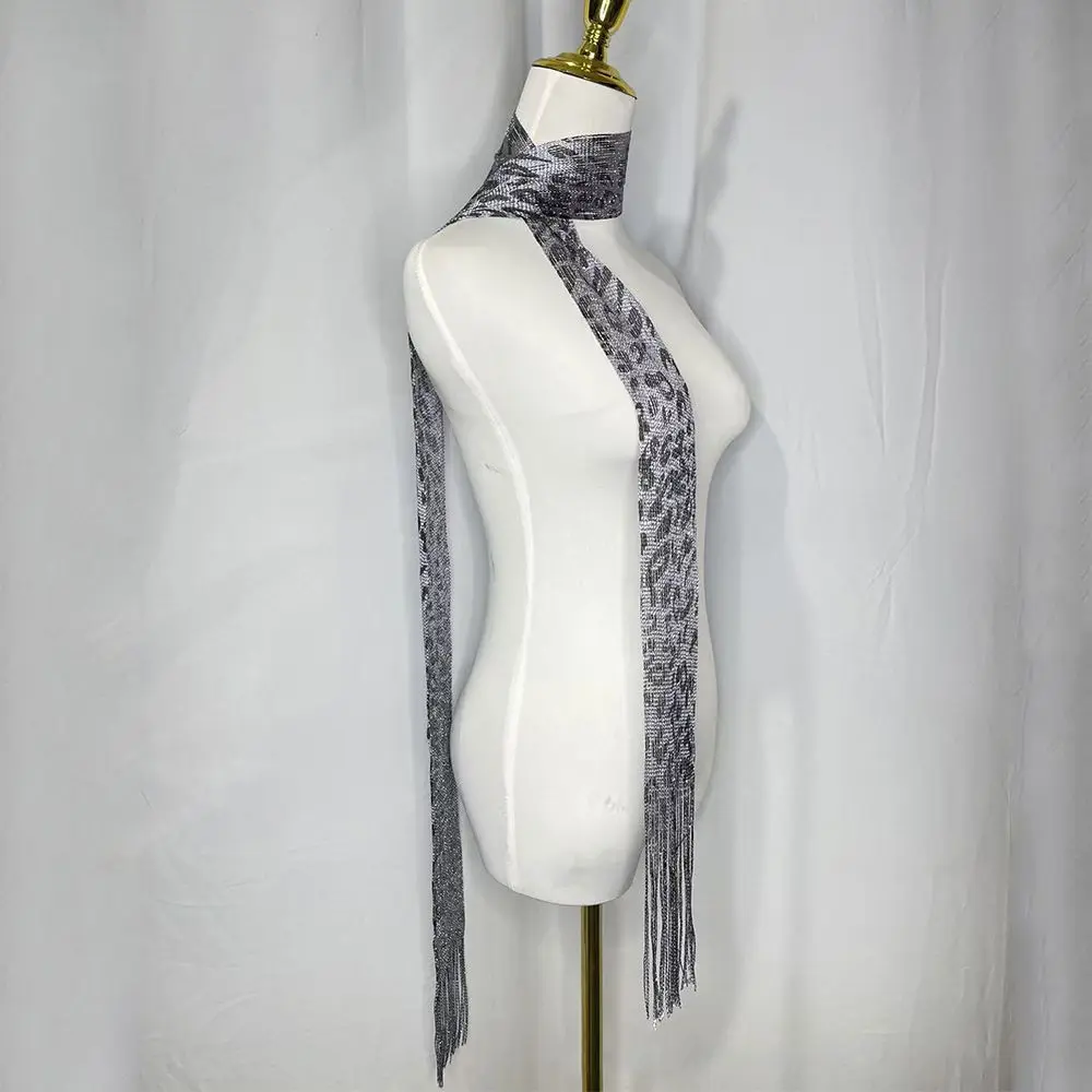 Stylish Shiny Women Tassel Scarf Long Strip Fashion Tiger Stripes Fringe Shawl INS Decorative Thin Ribbon Scarf Nightclub