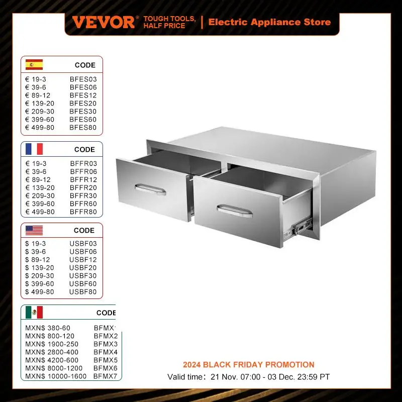 VEVOR Stainless Steel Kitchen Locker Flush Mount Multiple Access Drawer with Food-grade Handle Patio Grill Station BBQ Island