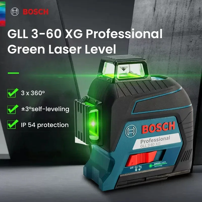 BOSCH 12 Linee Livello Laser GLL3-60XG Verde Livello 3D Autolivellante 360 Croce Orizzontale e Verticale Strumento di Misura Super Potente