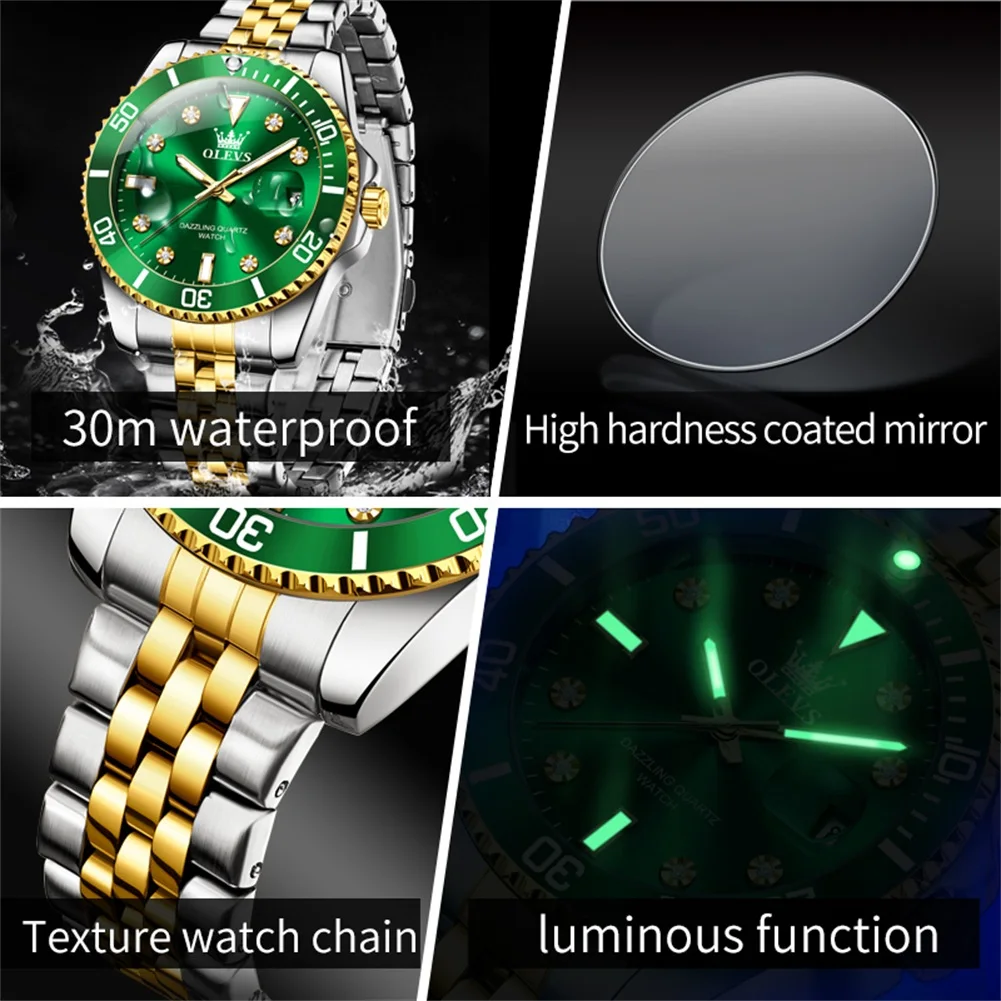 OLEVS New Original Luxury Men Watch Calendar Green Waterproof Quartz Watch for Men Stainless Steel Strap Luminous Diamond Scale