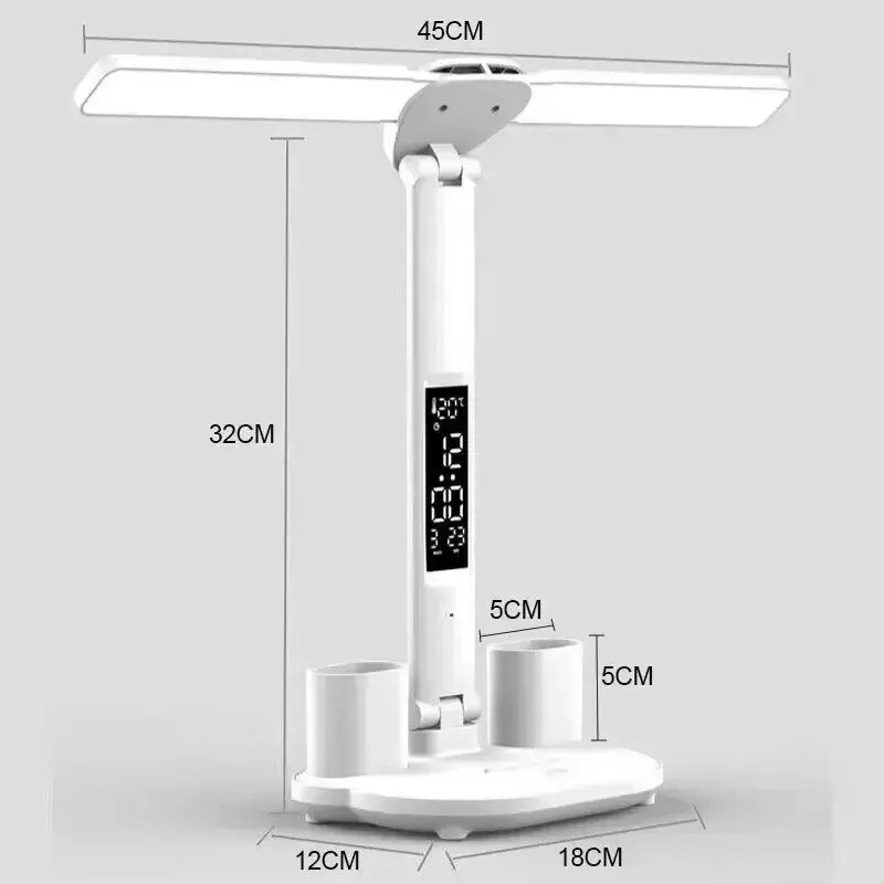 NEWUSB 충전식 LED 시계, 조도 조절 책상 램프, 2 헤드, 180 도 회전, 접이식 책상 독서 야간 조명, 눈 보호