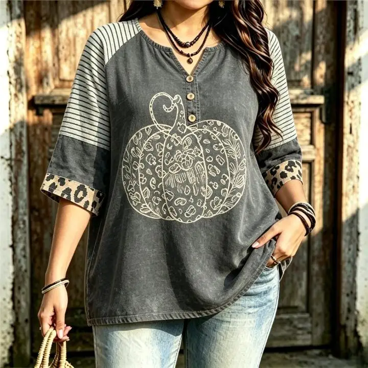 Women Seasonal Art Print Blouse Notched Neck 3/4 Sleeve Loose Tops Harvest Pumpkin Halloween Graphic Pattern Shirts