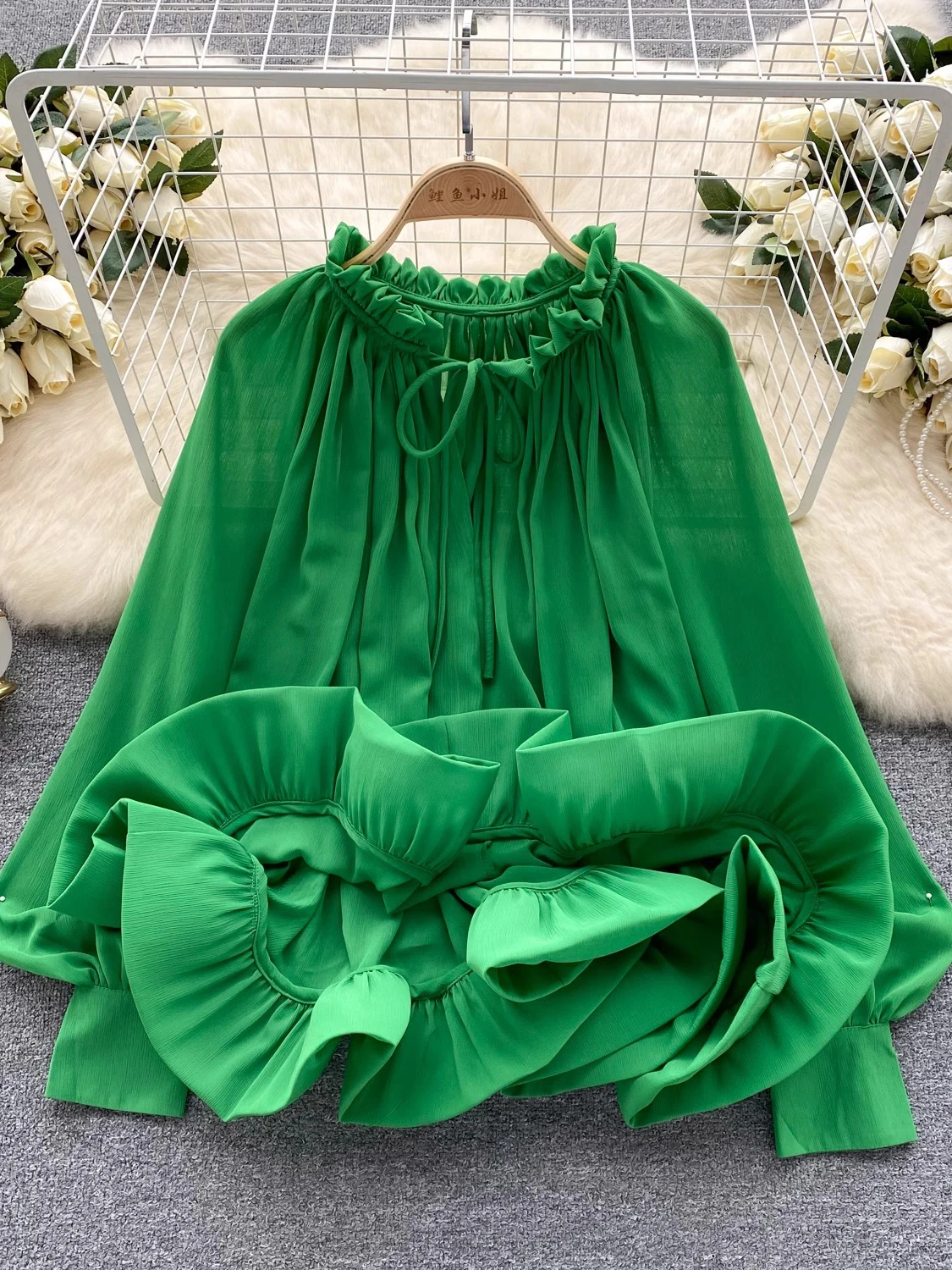 Spring Autumn Vintage Women Rose Red/Green/White Blouse Elegant Ruffle Hem Lantern Long Sleeve Loose Shirt Female Tops 2024 New