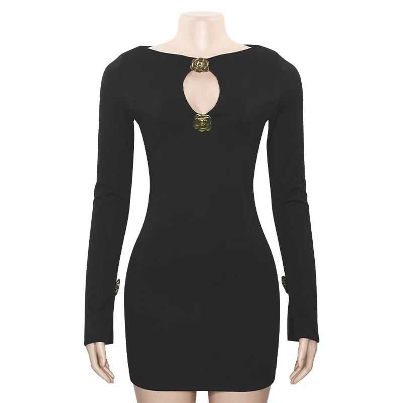 Sexy Cut Out Langarm Bodycon Mini Kleid Frauen O Neck Schwarz Gothic Stretch Party Vestido 2024, Frühling Herbst Y2K Kleidung