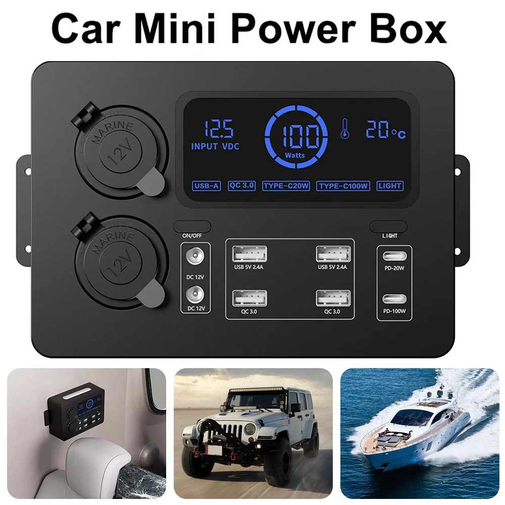 

Car Mini Power Box Adapter 12V with LED Lights LCD Display Power Box Portable Control Hub for RVs, SUVs, Boats 100W LED Lights