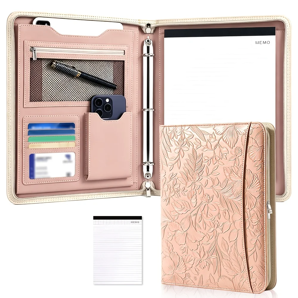 embossed-faux-leather-a4-zipper-padfolio-3-ring-binder-portfolio-multi-pocket-document-resume-folder-25-sheets-writing-paper