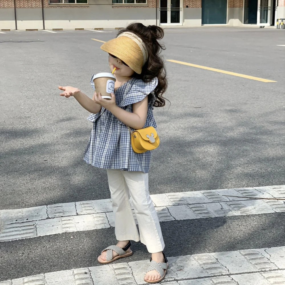 Girl Clothes Suit Korean Style Children Clothing 2023 Summer New Girls Plaid Sleeve Shirt Shirt Casual Bell-bottom Pants Suit