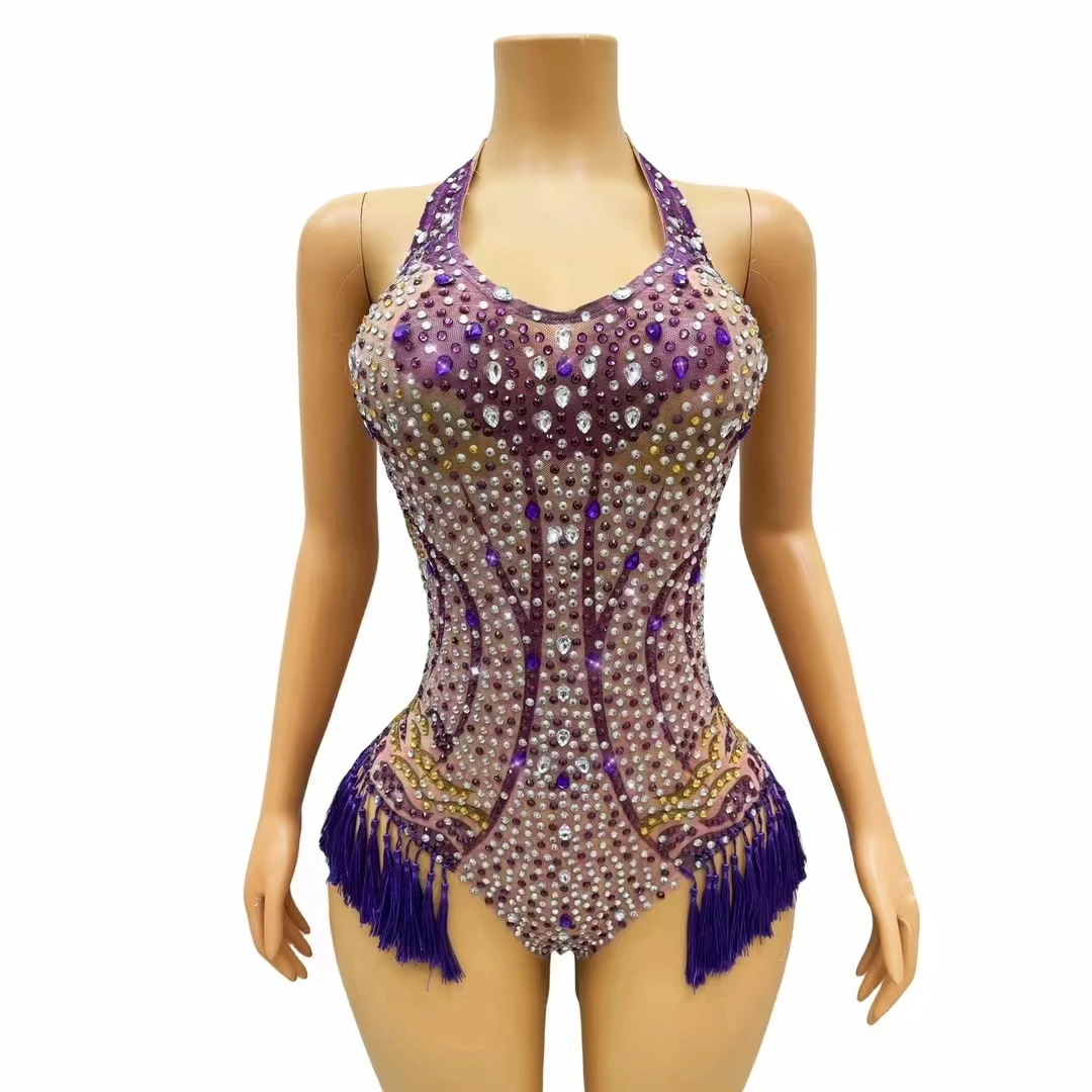 

Female Latin Pole Dance Diamond Bodysuit Dancer Team Sexy Stage Performance Purple Club Nightclub Bar Women Singer Stage Costume