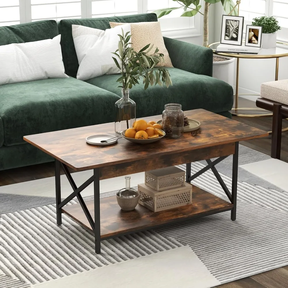 2-Tier Coffee Table with Storage Shelf, Modern Accent Cocktail Tea Table with Reinforced X-Shaped Structure, Solid Metal
