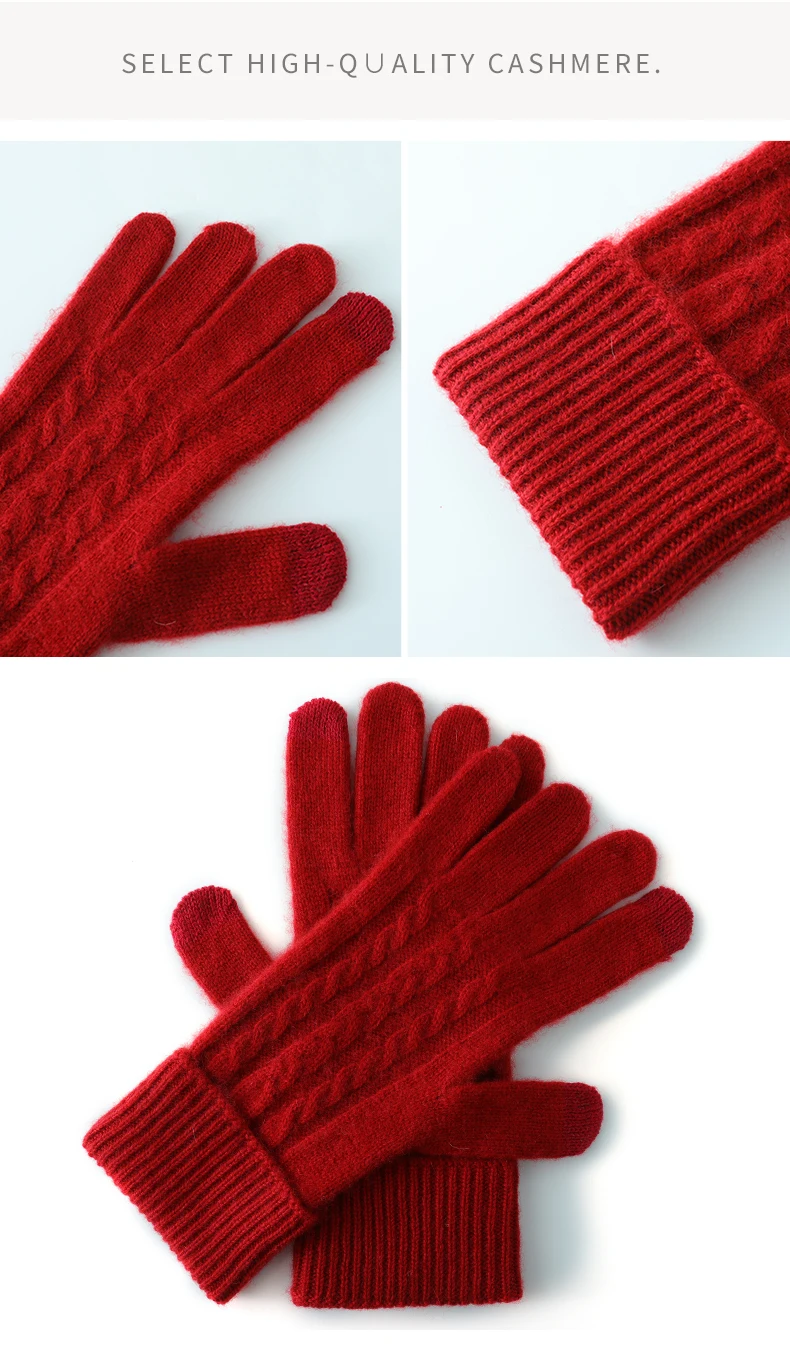 Winter High-Quality 100% Real Cashmere Touch Screen Gloves Women Soft Warm Stretch Knit Mittens Full Finger Guantes Female