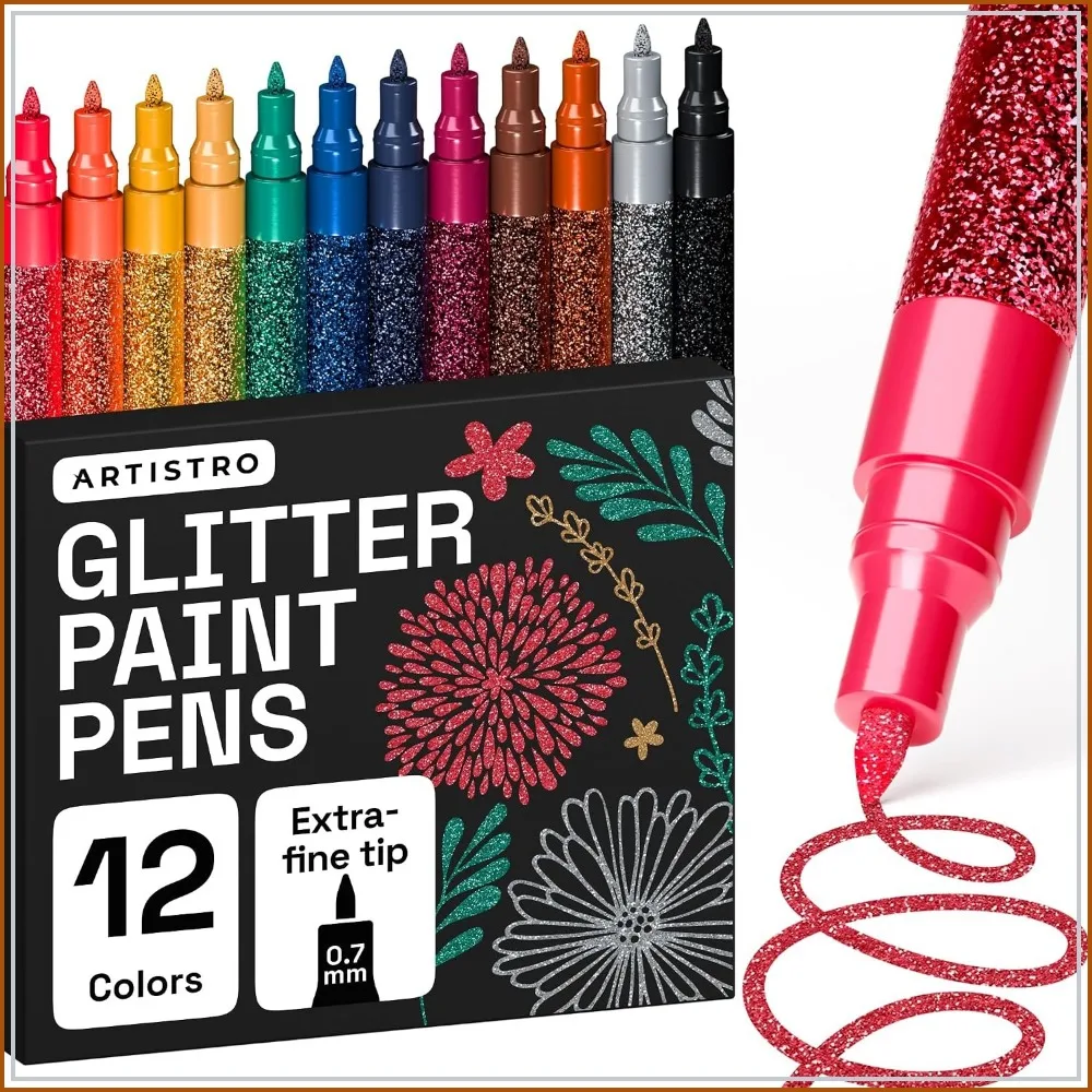 

12 Glitter Paint Pens for Glass, Rock, Ceramic, Wood, Fabric - Acrylic Markers, Extra-Fine Tip 0.7mm