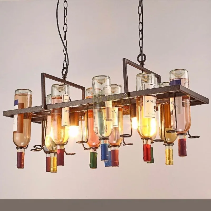 American Retro Industrial Rust Metal Colored Wine Bottle Glass Chandelier Coffee Shop Bar Restaurant LED Decorative Pendant Lamp