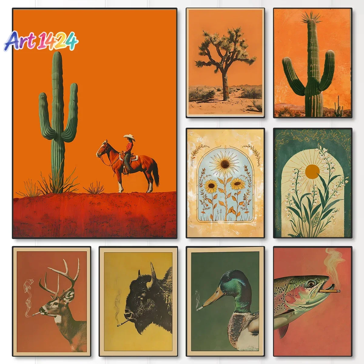 (1pc frameless)Western Cowboy Girl Bohemian Canvas Print Trout Elk & Cow Smok Cigarette Wall Art Poster Modern Living Room Ch