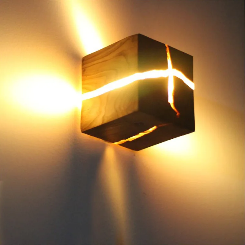 Cube Creative Resin Solid Wood Lamp Handmade Wall Lamps Corridor Lamps Bedside Night Light Corridor Bar Wall Light Bedroom Decor