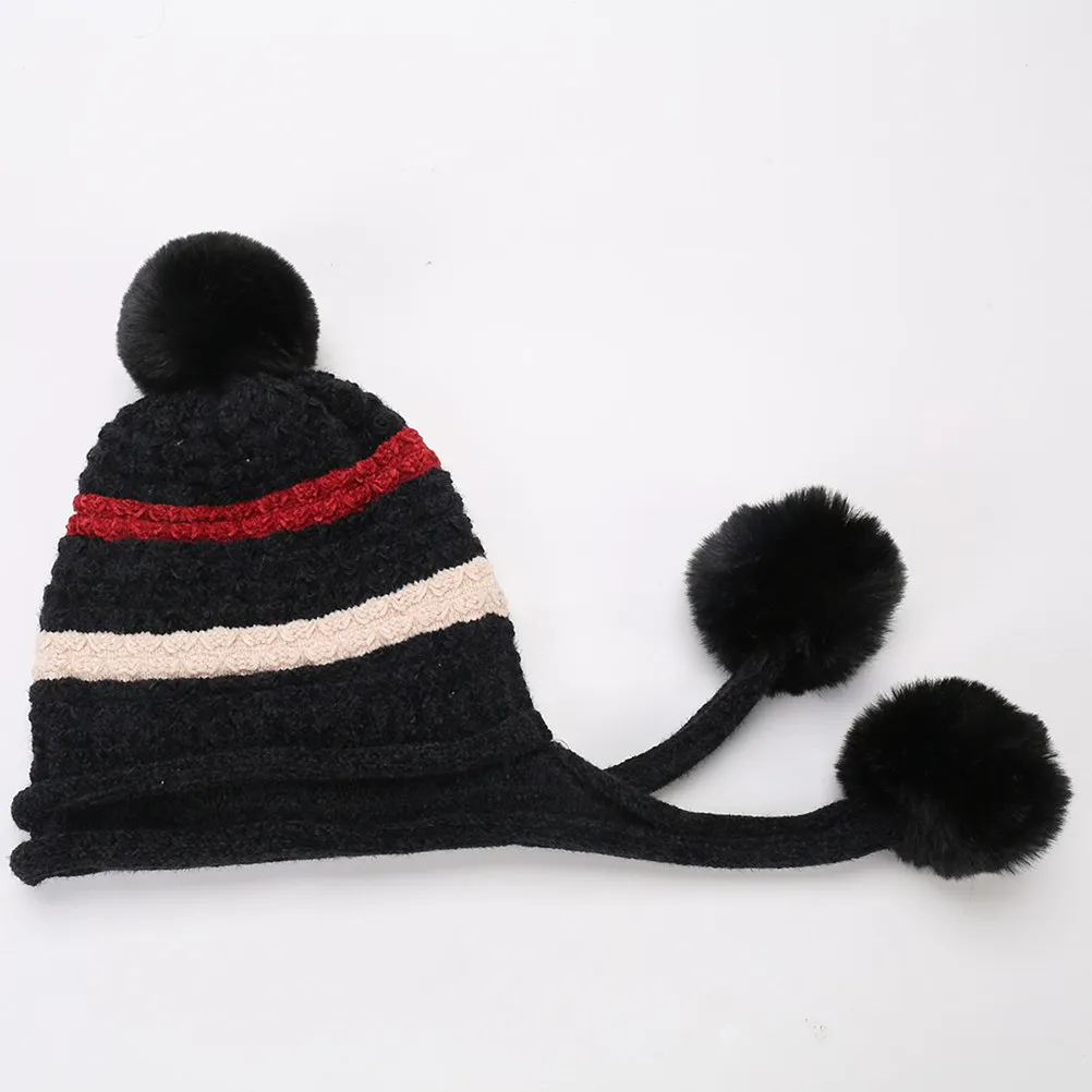 

Women Wool Knitted Hat Black Three Hair Ball Warm Ski Cap Winter Headgear Outdoor Cold Weather Knit Warm Ear Cover