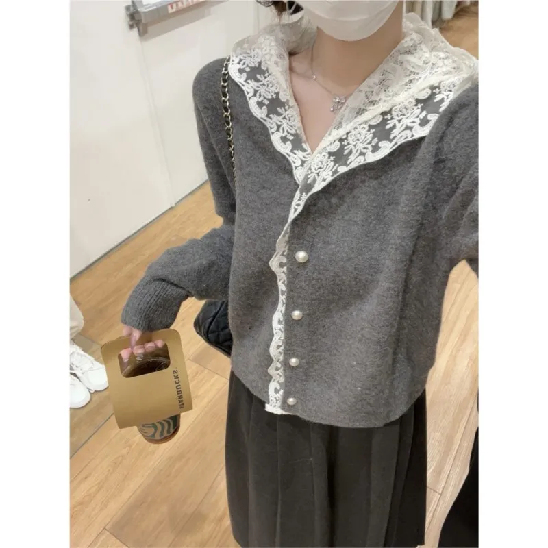 

Johnature корейский стиль кружевной отделкой с капюшоном и жемчужными пуговицами женский кардиган свитер новые зимние повседневные вязаные свитера