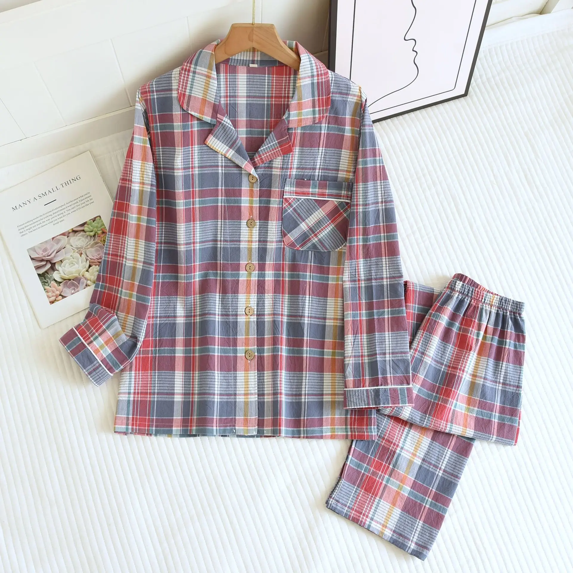 Autumn Washed Cotton Simple Style Women's Pajamas Long Sleeves Trousers Loungewear Red Line Blue Grid Lapel Sleepwear 2 Piece