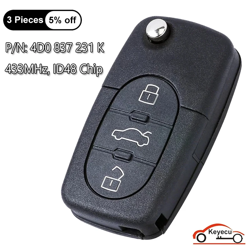 

KEYECU 3 Buttons 433MHz ID48 Chip for Audi A6 A8 S6 RS6 TT Flip Remote Control Car Key Replacement Fob 4D0 837 231 K, 4D0837231K