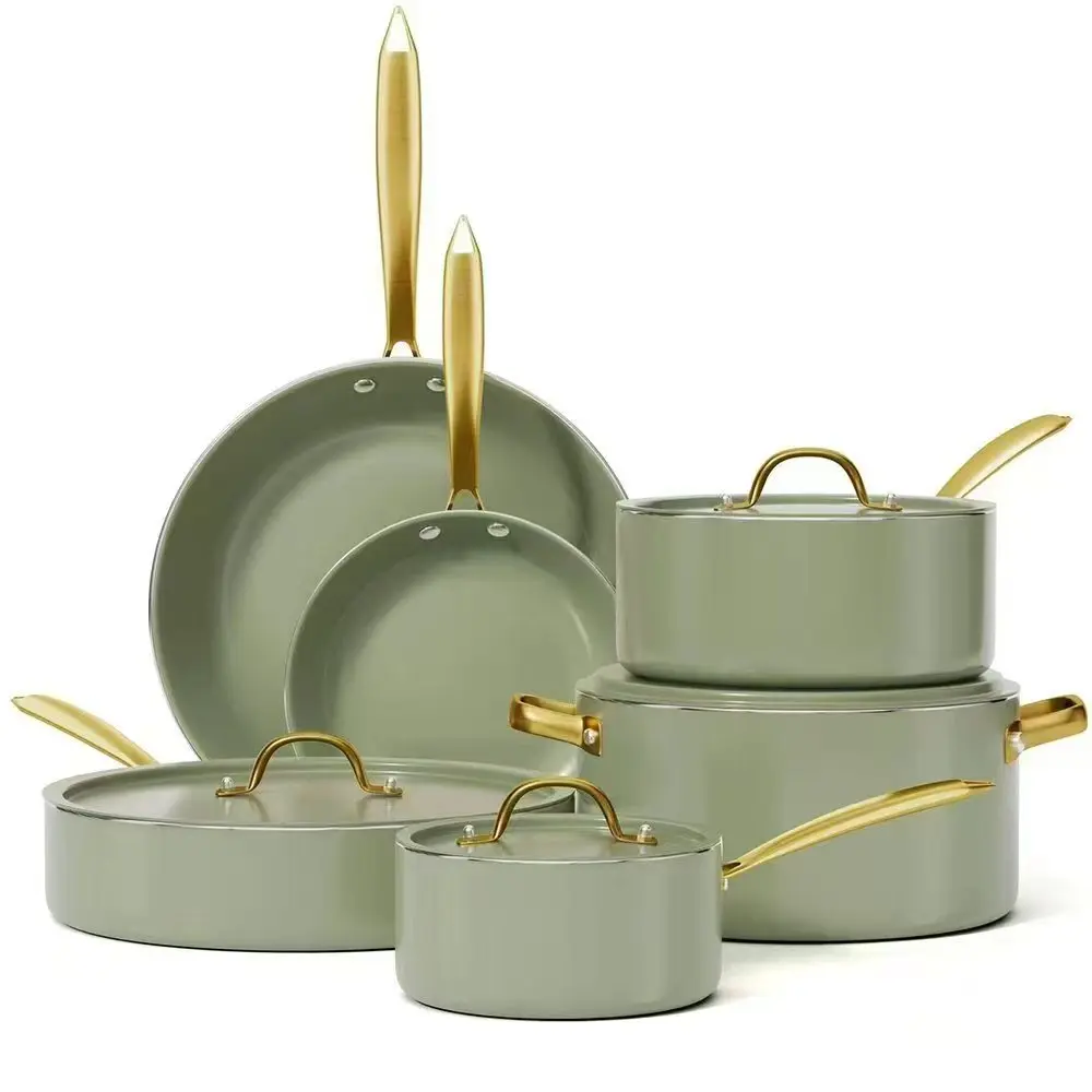 New Fashion Cooking Aluminum Cookware Kitchen Set Factory Supplier Green Induction Professional Pots Pans Set
