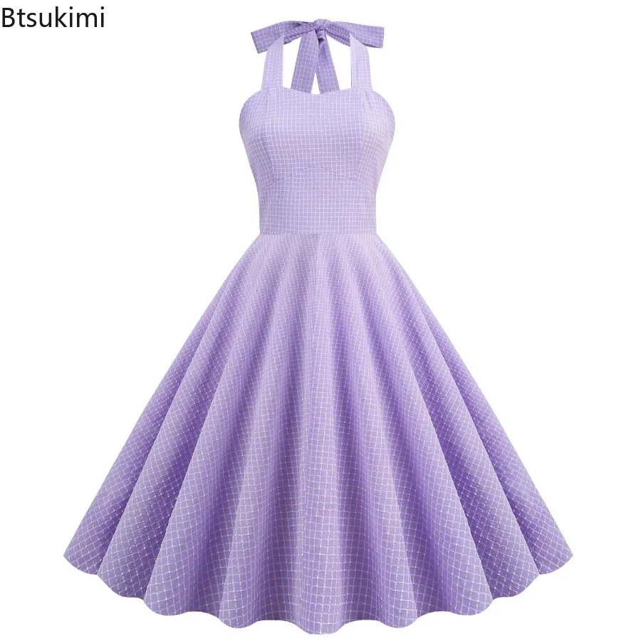 2025年新作 レディース ヴィンテージ ホルターネック ドレス 夏 小さな格子柄 レトロ カジュアル ビッグスカート ヘム ドレス ロカビリー カクテル パーティー ドレス