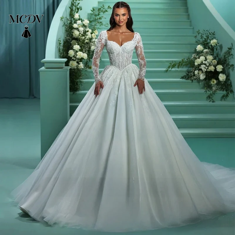 

MCDV Hot New Wedding Dress Customized Long Sleeves Beading Sequined Lace Applique Sweep Train Arabian Bridal Gown for Bride