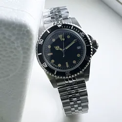 Black Dial 39MM Steel Case Men's Mechanical Watch China NH35 Automatic Waterproof Silver Stainless Steel Strap Rotating Bezel