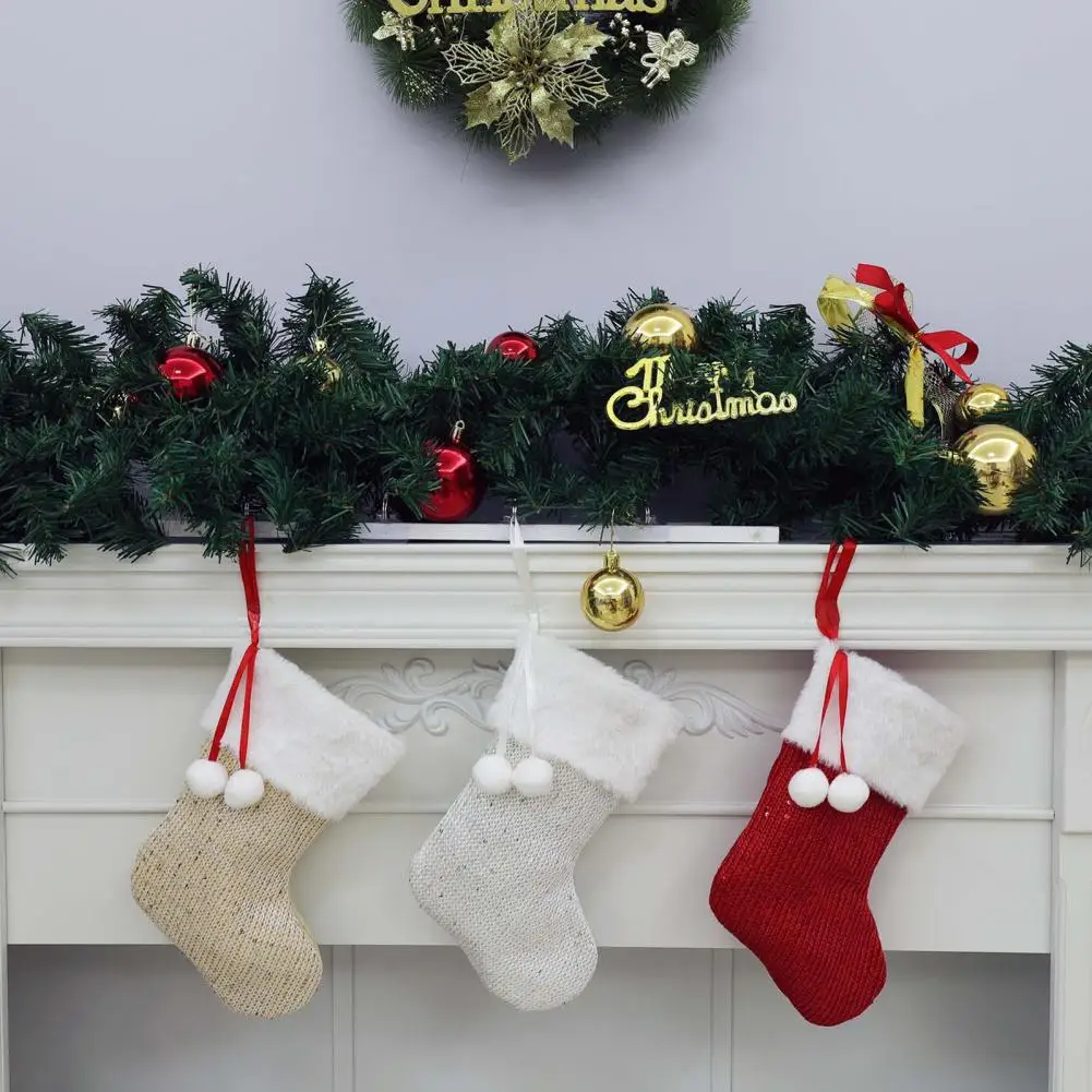 25*18cm Christmas Stocking Knitted Xmas Stocking Hanging Decoration Candy Gift Holder For Holiday Fireplace Tree Party Decor