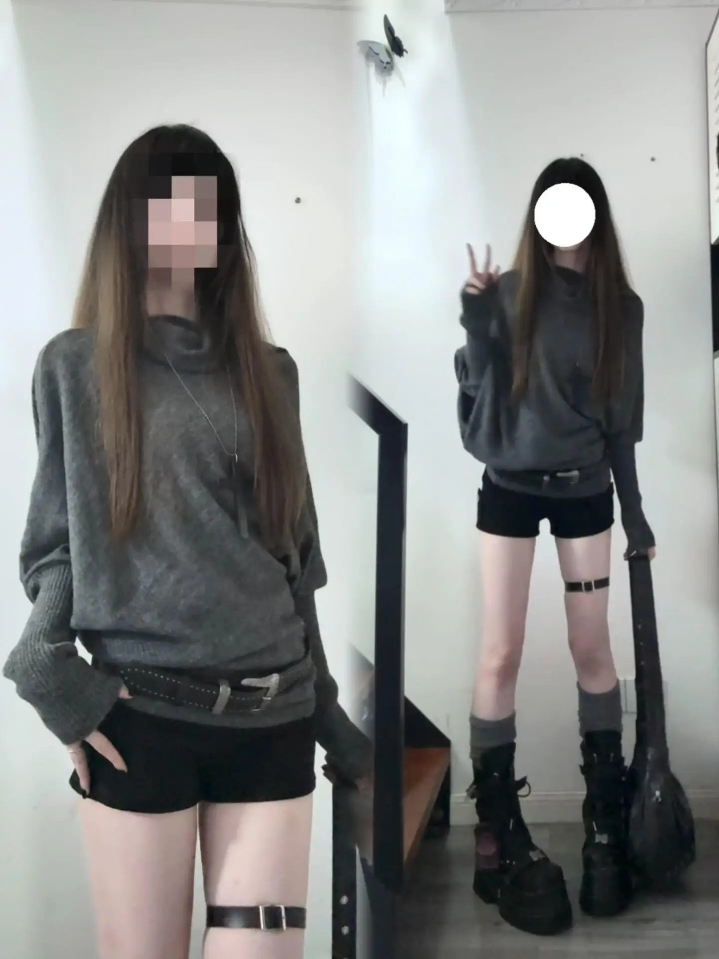 

Gray Knitted Long Sleeve Loose Fit Women's T-Shirt Batwing Sleeve Bunches Neck Top Korean Style Early Autumn Fashion