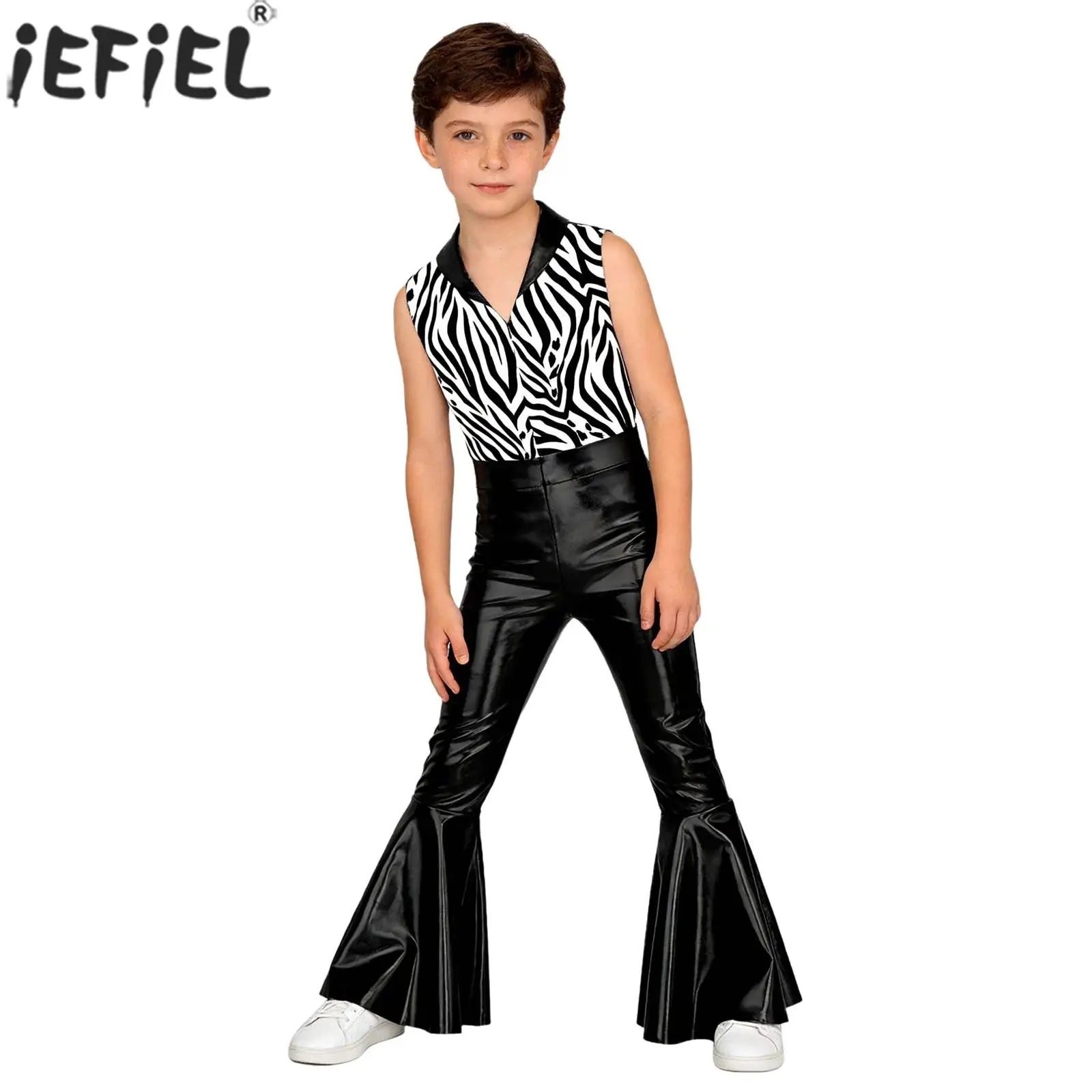 Children Boys 70-80s Disco Jumpsuit Halloween Carnival Hippie Cowboy Cosplay Costume Metallic Shiny Zipper Bell-bottom Bodysuit